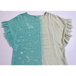 Umgee Ruffle Sleeve Top‎ Linen Blend Color Block Dip Dye Bleach Splatter Boho M